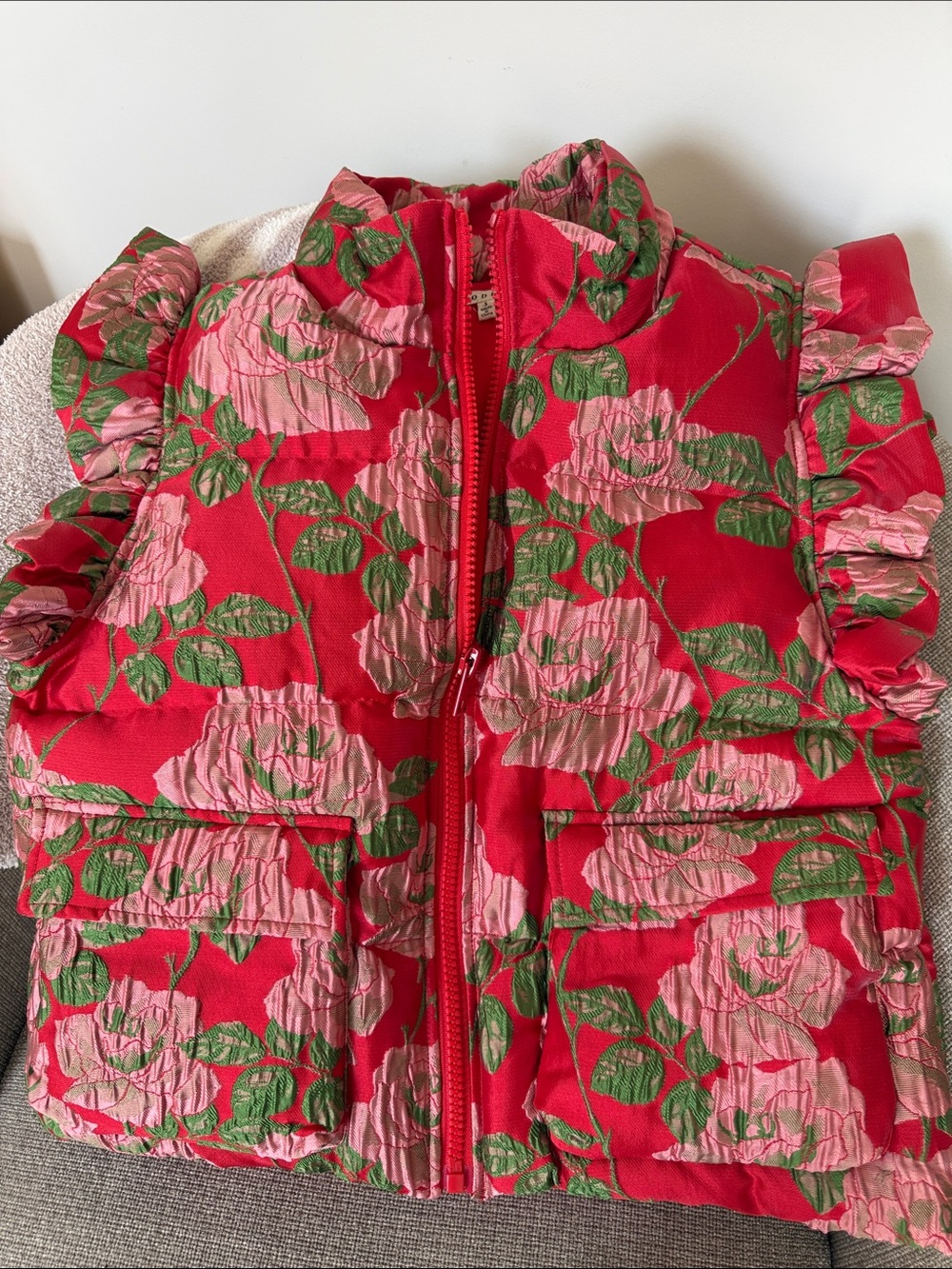 JODIFL Red Floral Quilted Puff Vest with Ruffle Shoulders